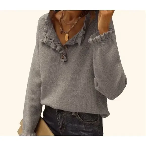 BTFBM Women’s Gray Knit Pullover Ruffle Button Sweater Size S - Picture 9 of 9